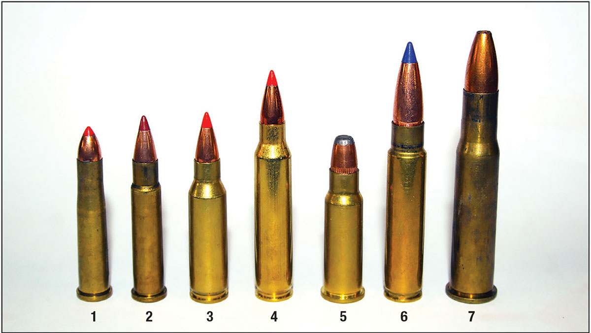 Patrick has many T/C Contender barrels, some of his favorites for varmint shooting, including:  (1) 22 Hornet, (2) 22 K-Hornet, (3) 221 Remington Fireball, (4) 223 Remington, (5) 256 Winchester Magnum, (6) 7mm TCU and (7) 30-30 Winchester.